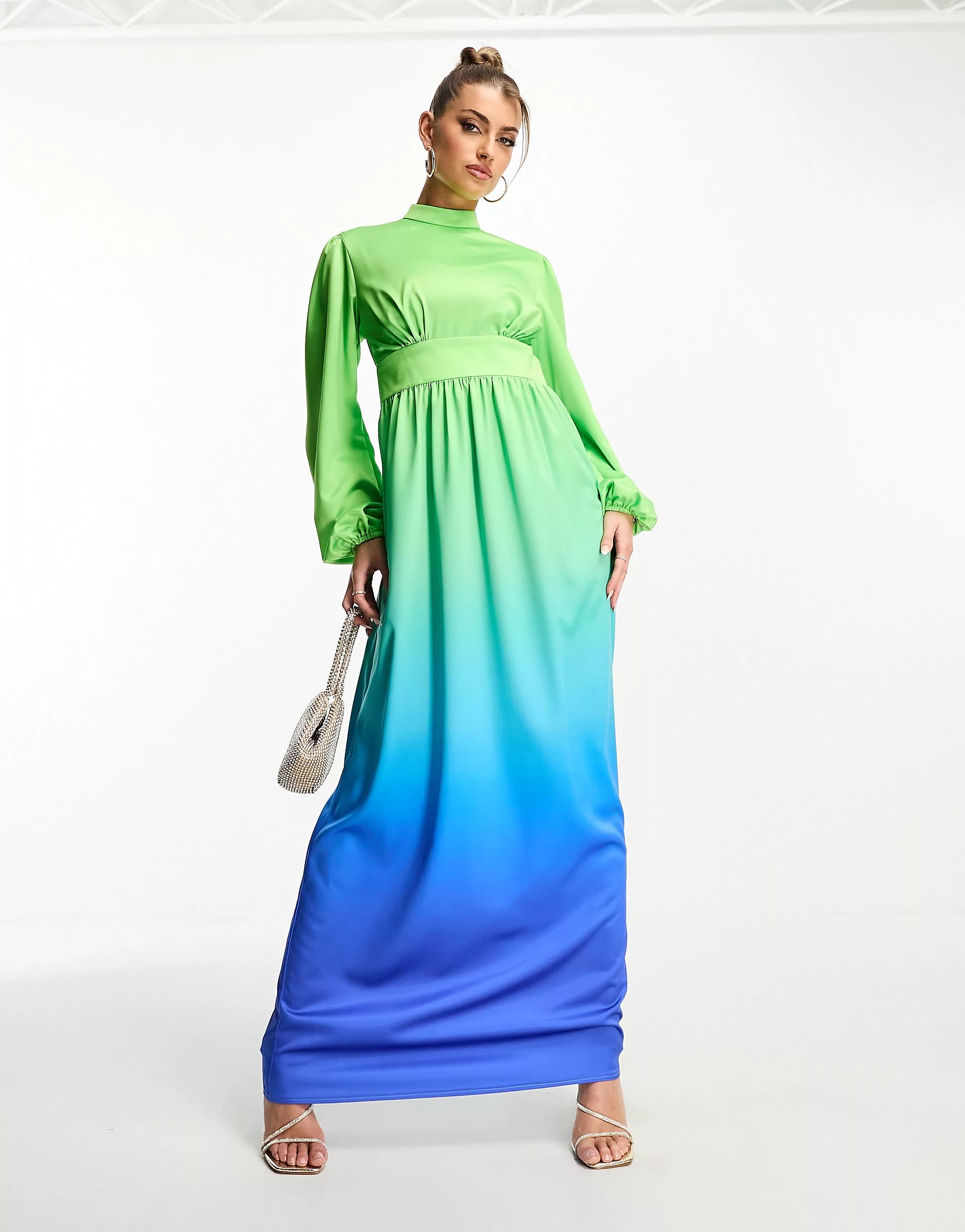 Flounce London balloon sleeve maxi dress in blue and green ombre | ASOS (Global)