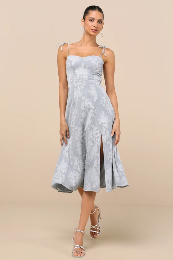 Loveliest Looks Dusty Blue Floral Jacquard Tie-Strap Midi Dress | Lulus