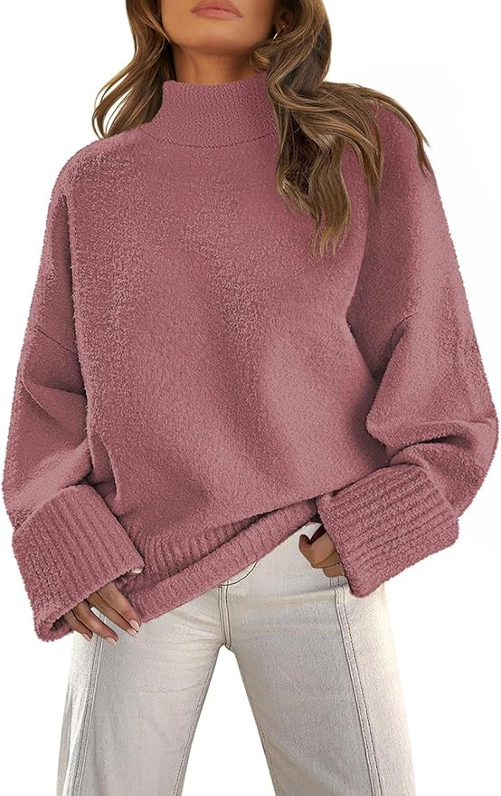 MEROKEETY Women's Turtleneck Fuzzy Knit Pullover Sweaters Long Sleeve Oversized Casual Jumper Top... | Amazon (US)