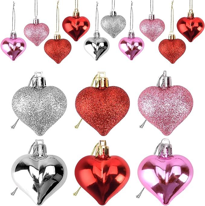 Valentines Day Decor 24 Pieces Heart Shaped Ornaments,Glossy and Glitter Hanging Heart Baubles Va... | Amazon (US)