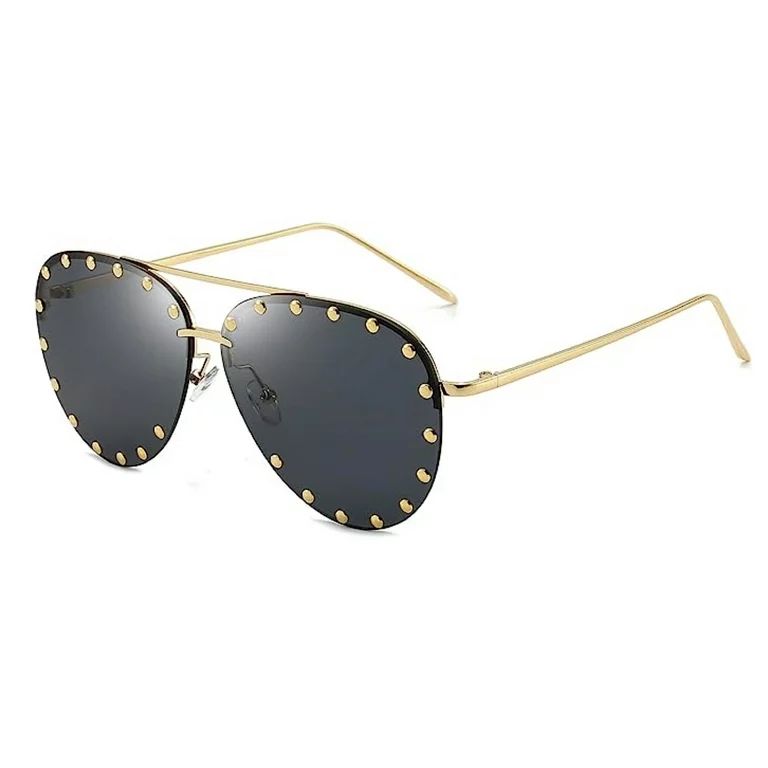 Women's Aviator Gold Frame Black Oversized Studded Trendy Fashion Sunglasses | Walmart (US)