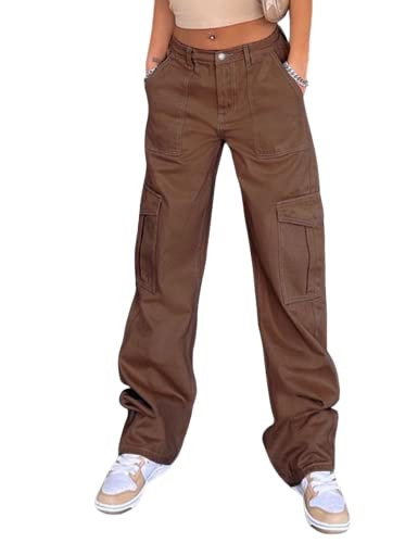 hathne Womens Cargo Pants High Waist Jeans with Pocket Baggy Jogger Y2K Pants Jeans(XXL) Dark Brown | Amazon (US)