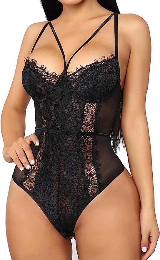 Women's Sexy Eyelash Lace bodysuit Snap Crotch Naughty Teddy Lingerie | Amazon (US)