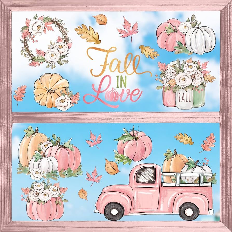 Amazon.com: Yovkky 84 PCS Fall Window Clings 9 Sheets, Autumn Pink Pumpkin Harvest Thanksgiving S... | Amazon (US)