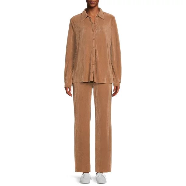 Nine.Eight Women's Crinkle Cut Shirt and Pull On Pants Matching Set, 2-Piece - Walmart.com | Walmart (US)