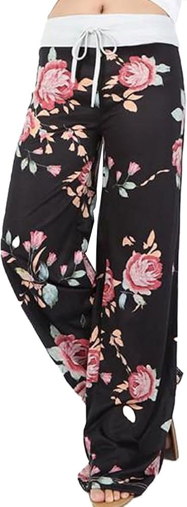 AMiERY Women's Comfy Casual Pajama Pants Floral Print Drawstring Palazzo Lounge Pants Wide Leg | Amazon (US)