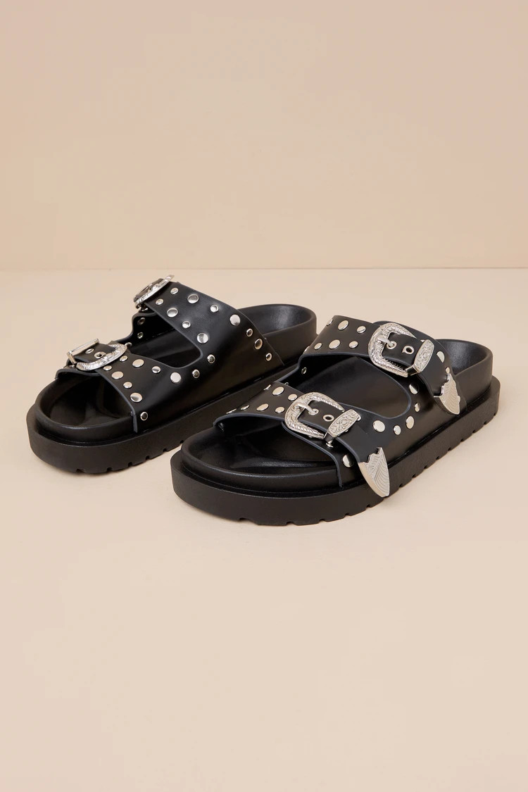 Devaney Black Studded Western Buckle Slide Sandals | Lulus