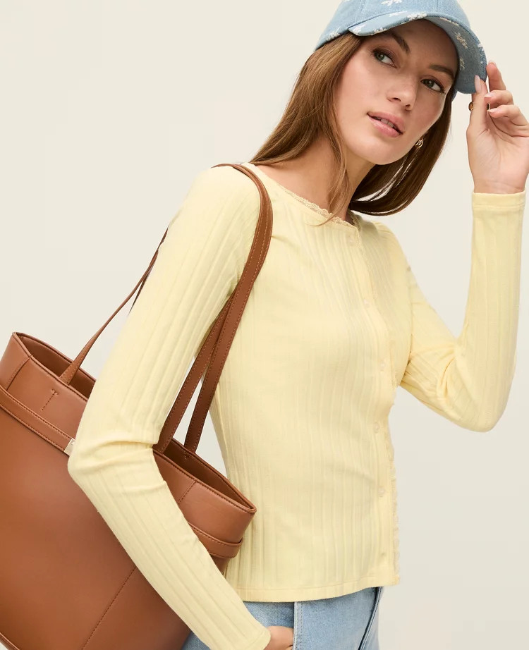 Weekend Lace Trim Pointelle Cardigan | Ann Taylor