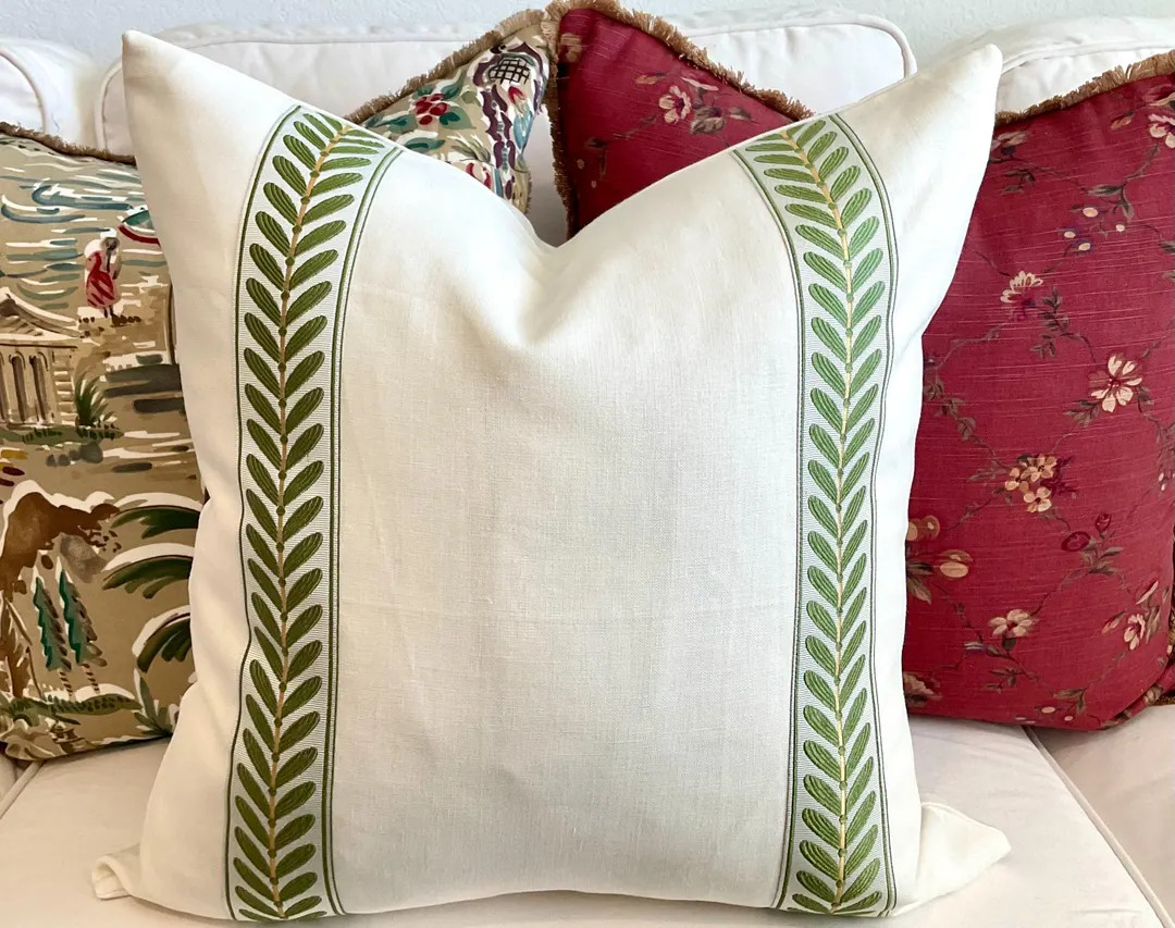 Custom Linen Throw Pillow Cover: Ivory; Green or blue Botanical Trim | Etsy (US)