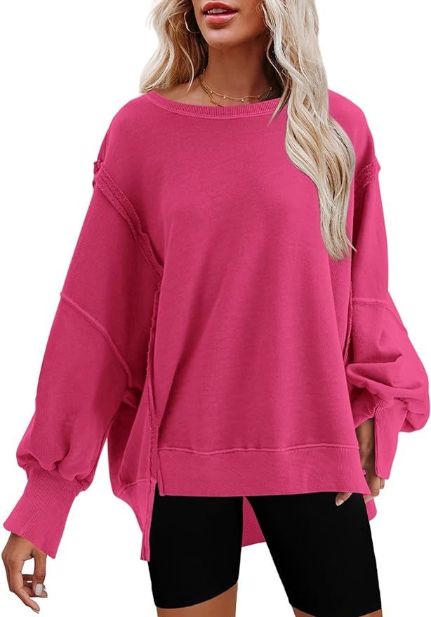 Nirovien Womens Oversized Crewneck Sweatshirt Side Slit Long Sleeve Pullover Slouchy Fit Tops | Amazon (US)