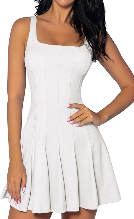 QINSEN Womens Sleeveless Tennis Dress with Shorts Square Neck Ribbed Pleated Athletic Dresses | Amazon (US)