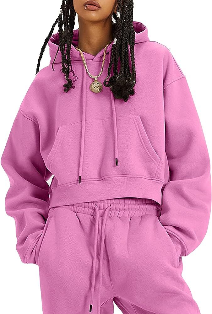 Flygo Womens Fleece 2 Piece Outfits Sweatsuit Crop Pullover Sweatshirt Joggers Pants Tracksuit Set | Amazon (US)