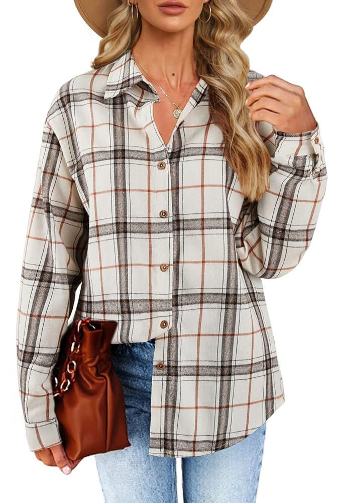 Womens Long Sleeve Plaid Shirts Flannel Collared Button Down Shackets Casual Rolled Up Boyfriend ... | Amazon (US)