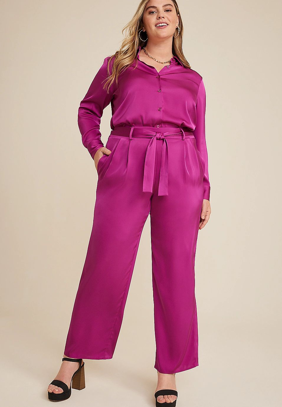 Plus Size Satin High Rise Wide Leg Pant | Maurices