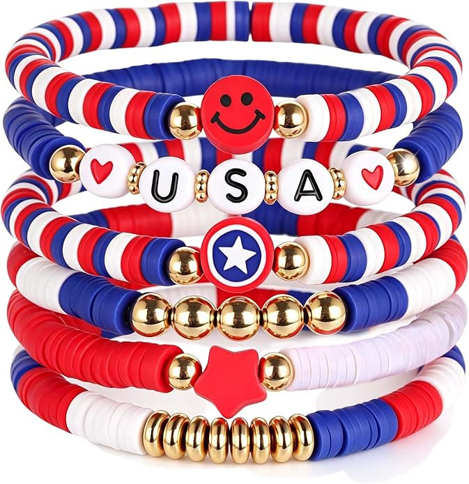 Go Ho 250th Anniversary USA Merchandise Bracelets, 4th of July Patriotic Clay Beaded Stretch Brac... | Amazon (US)