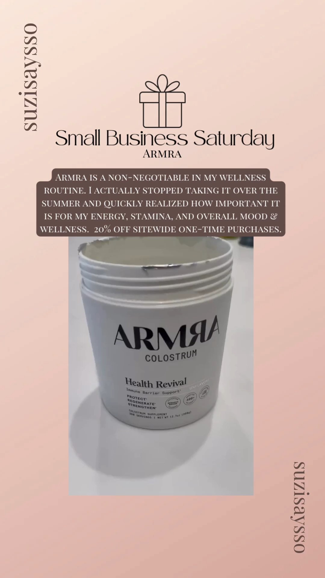 Small Business Saturday 🤍
ARMRa has been a non-negotiable in my wellness routine for energy, stamina, and overall mood. I stopped taking it over the summer and immediately realized how big of a difference it makes.

They’re doing 20% off sitewide today + you can use my code SUZISAYSSO to save 🤍 Linking my go-to flavor and the bundle options!

#LTKselfcare #LTKGiftGuide #LTKCyberWeek