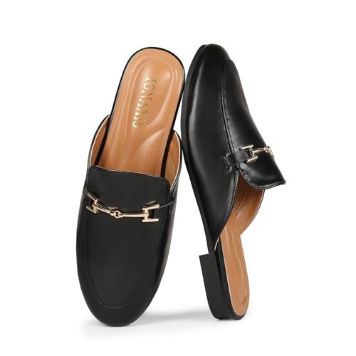 ignaxis Mules for Women Flats Round Toe Womens Mules Buckle Slip on Slides Backless Loafer Shoes(Black Microfiber,9.5) | Amazon (US)