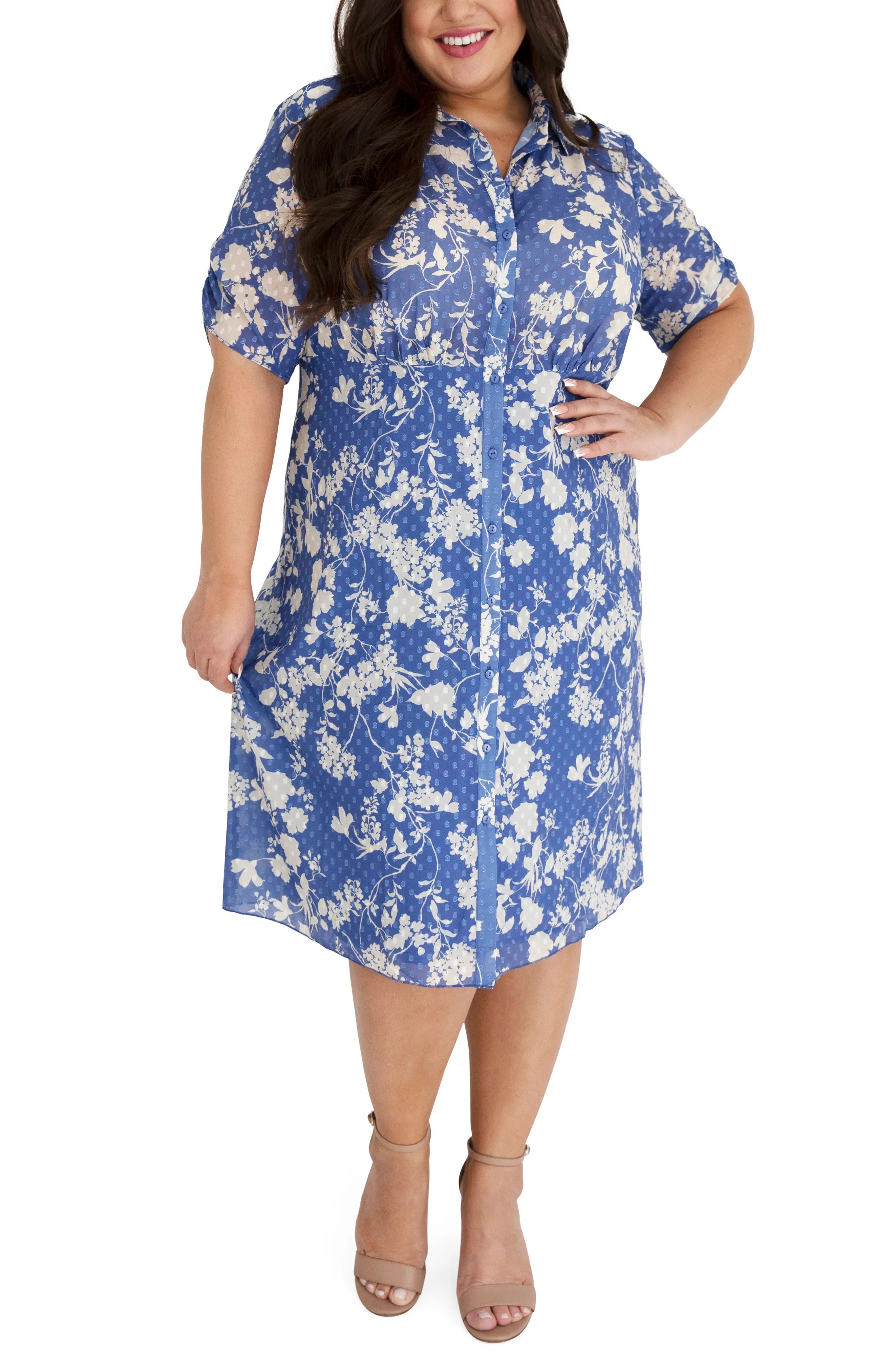 Maree Pour Toi Floral Jacquard Midi Shirtdress in Blue at Nordstrom, Size 18W | Nordstrom