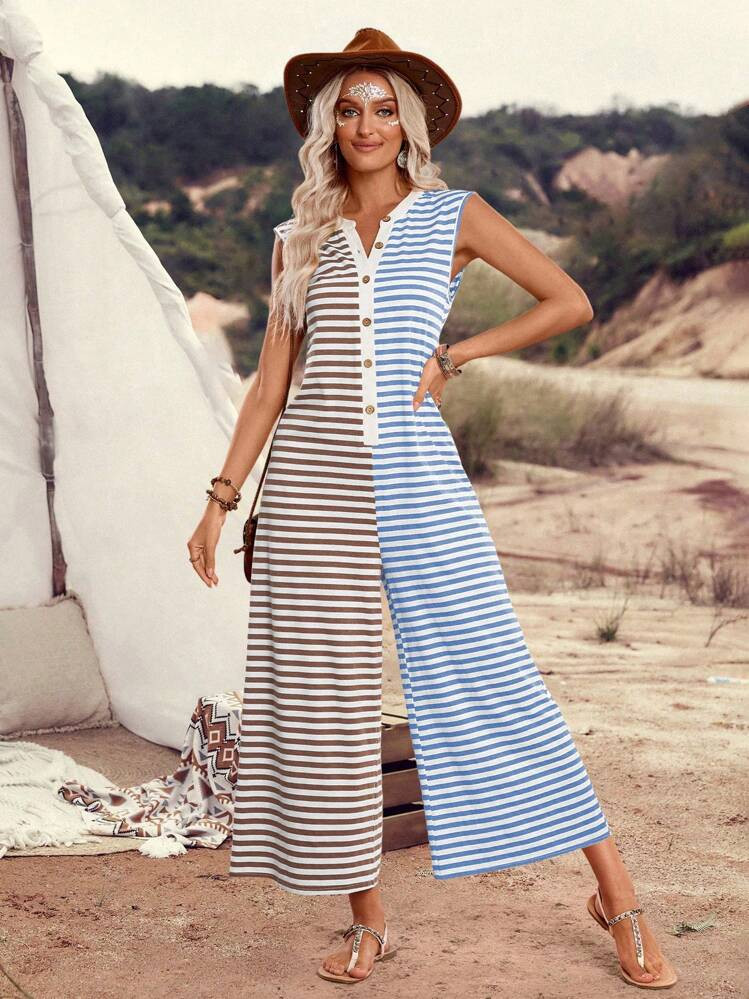 LanaWest New 2025 Spring/Summer Striped Folk Music Festival Casual Resort Bohemian Patchwork Sleeveless Women Wide Leg Jumpsuit Pants | SHEIN