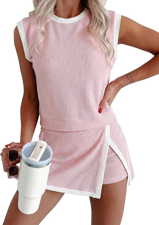 EVALESS 2 Piece Sets for Women Summer Outfits Ribbed Knit Tank Top and Split Lined Skirt Two Piec... | Amazon (US)