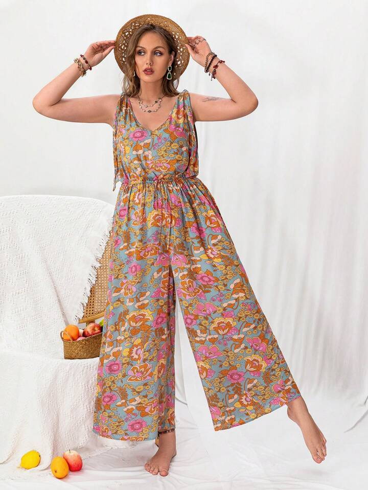 Rusttydustty Plus 1pc Allover Floral Print Tie Front Wide Leg Jumpsuit | SHEIN