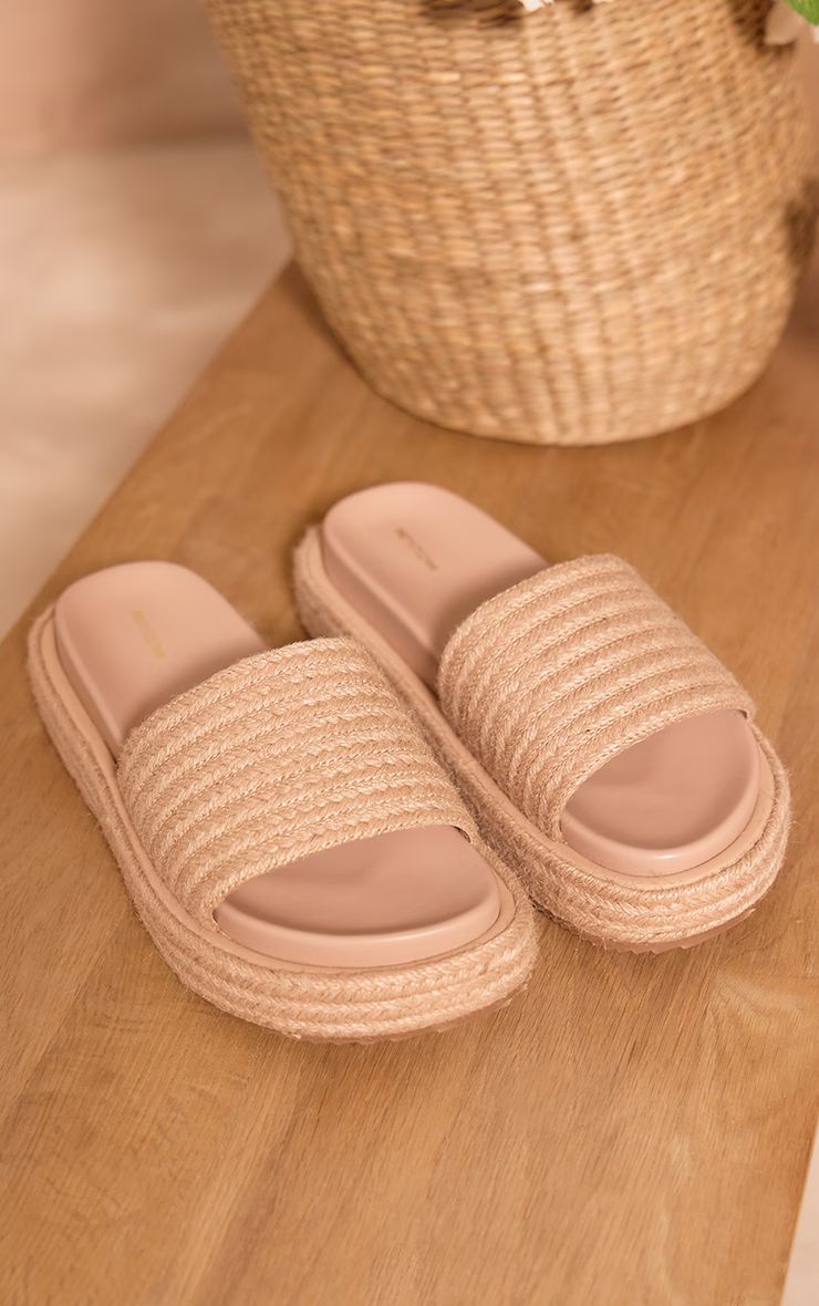 Natural Pu Round Toe Raffia Strap Platform Slider Sandals | PrettyLittleThing US