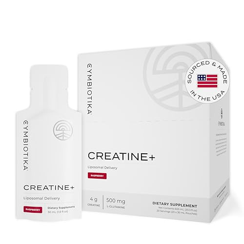 CYMBIOTIKA Creatine+, Creatine and Glutamine Supplement for Amino Energy, Recovery, Muscle Mass & Brain Support, Liposomal Delivery, Gluten Free & Vegan, Raspberry Flavor - 30ml Pouches (Pack of 20) | Amazon (US)
