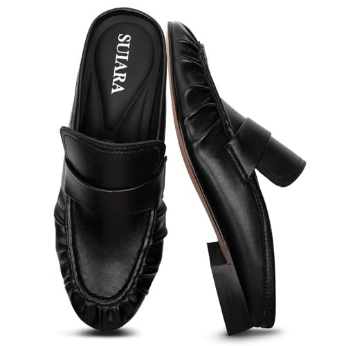 SUIARA Black Loafer Mules for Women Chunky Heel Flat Slip on Backless Loafers Round Toe Comfortable Casual Slides Shoes | Amazon (US)