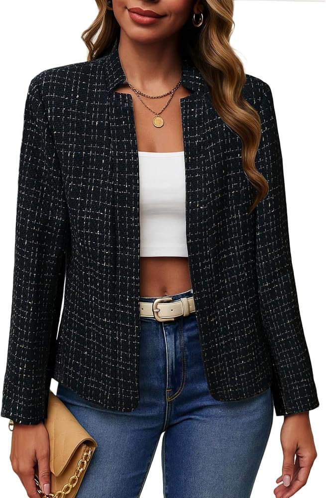 Mina Self 2025 Women's Tweed Plaid Blazer Jacket - Warm Open Front Stand Collar Fully Lined Casua... | Amazon (US)