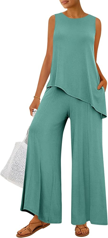 PRETTYGARDEN Women's 2026 Two Piece Matching Lounge Sets Asymmetrical Split Tank Tops Wide Leg Pa... | Amazon (US)
