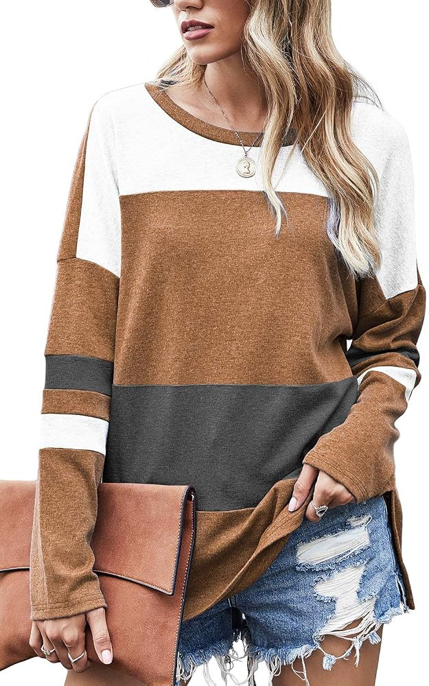 Odosalii Womens Long Sleeve Shirt Color Block Pullover Crew Neck Sweatershirt Side Split High Low... | Amazon (US)