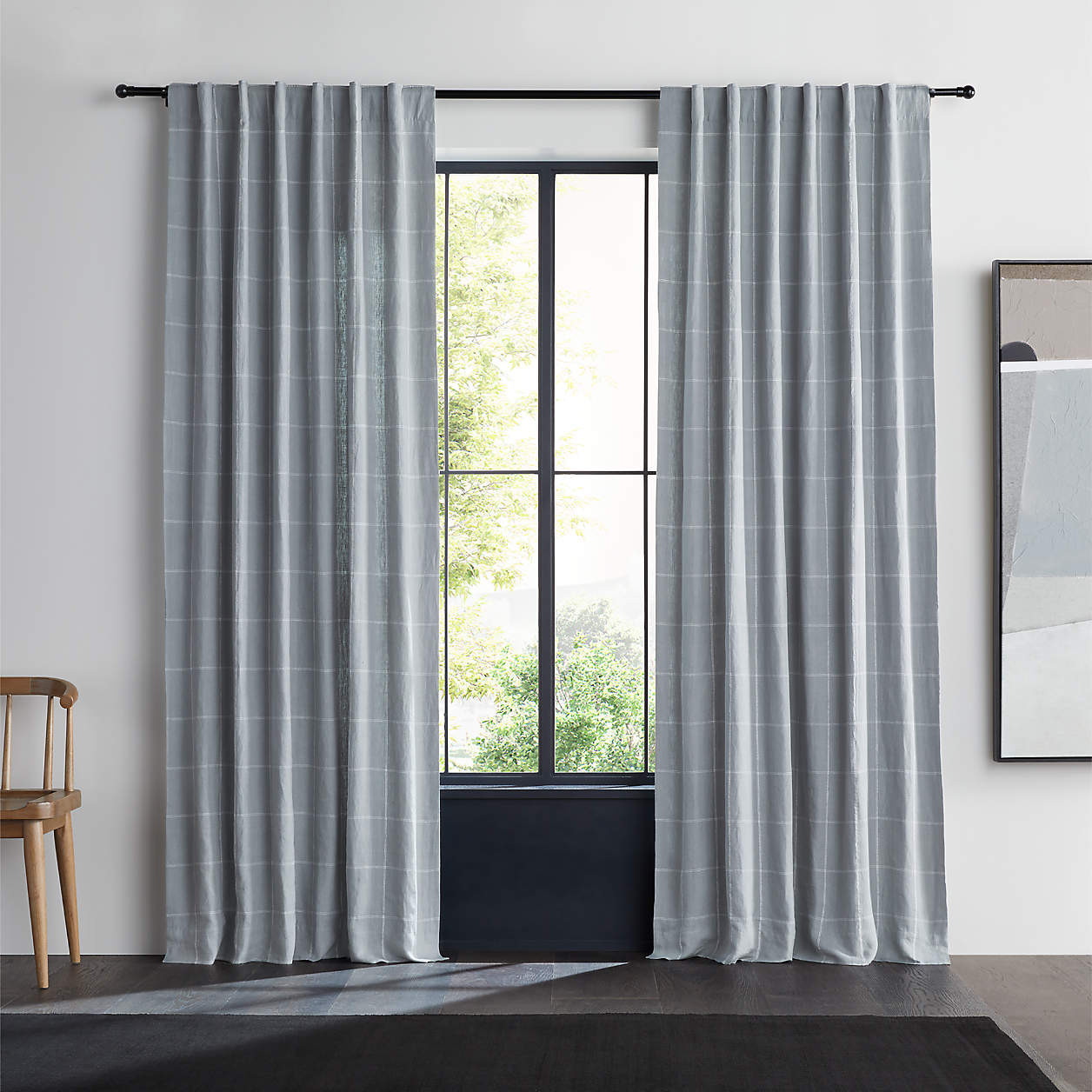 Mist Blue & Crisp White Linen Double Pinstripe Grid Window Curtain Panel 52"x120" | Crate & Barre... | Crate & Barrel