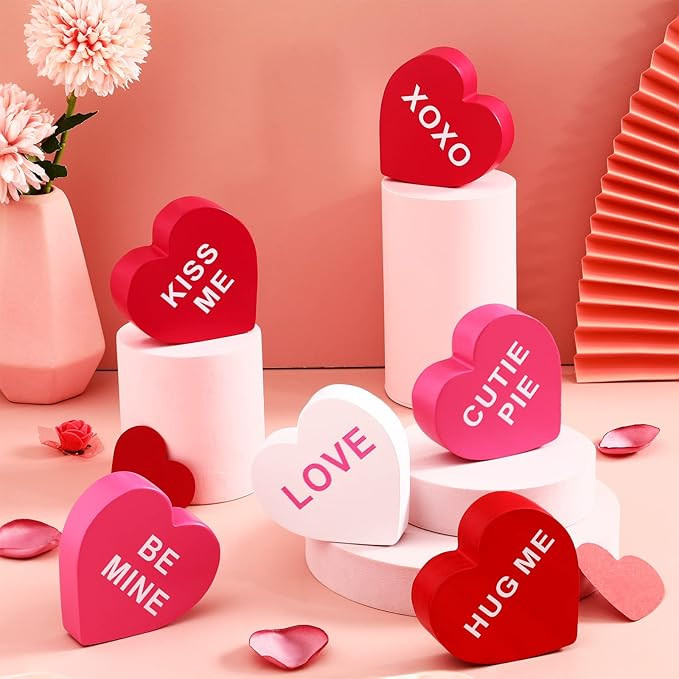 6 Pieces Valentine's Day Wooden Sign Heart Shape Home Decor Conversation Heart Signs Candy Heart ... | Amazon (US)
