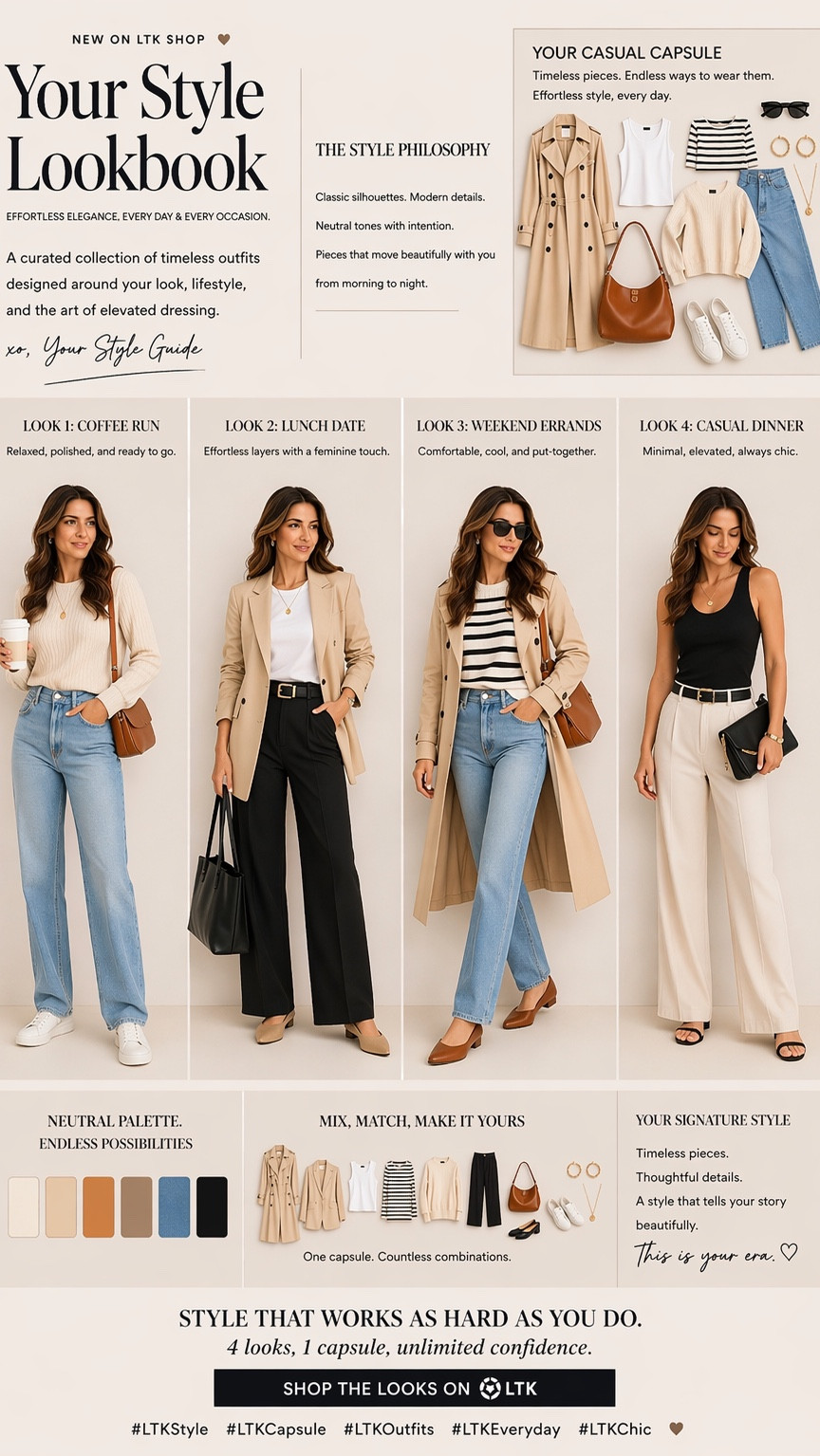 outfits. 1 capsule. Endless ways to show up polished ✨

This is exactly how I simplify my wardrobe—neutral, elevated pieces that mix & match effortlessly so I never have to overthink getting dressed. From coffee runs to casual dinners, every look works together and still feels intentional.

If you’ve been wanting that “put-together without trying too hard” vibe… this is it 🤍

#LTKStyle #LTKCapsule #LTKOutfits #LTKEveryday #LTKChic

#LTKdayinmylife #LTKSaleAlert #LTKPlusSize