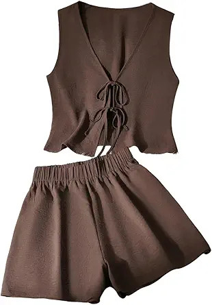 GORGLITTER Women's 2 Piece Shorts Sets Tie Front Crop Tank Top and Shorts Outfits Beach Vacation ... | Amazon (US)