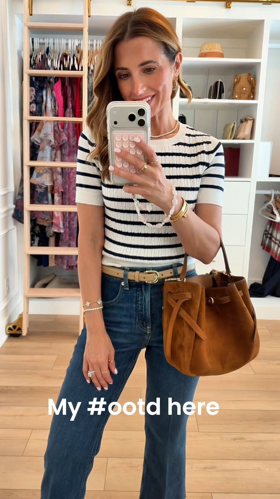 Elevated casual outfit. Mom outfit. Summer outfit. Fall outfit. Striped sweater top from Target in XS. Spanx kick flare jeans in XS petite (code LISAMARIEXSPANX on first time purchases). Ballet flats are true to size. Tory Burch suede bucket bag.

#LTKgrwm #LTKootd #LTKPetite