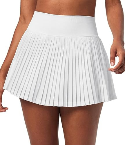 Ewedoos Pleated Tennis Skirt with Shorts Seamless High Waisted Skirt for Women Golf Athletic Skirt Skorts with Pocket Bright White | Amazon (US)