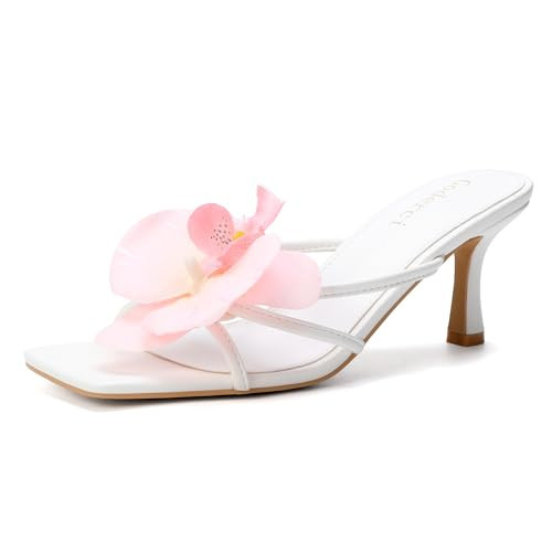 Goderci Floral Kitten Heels Square Open Toe Flower Mule Heels for Women Mid Slip On Heeled Sandals(9,Light Pink) | Amazon (US)