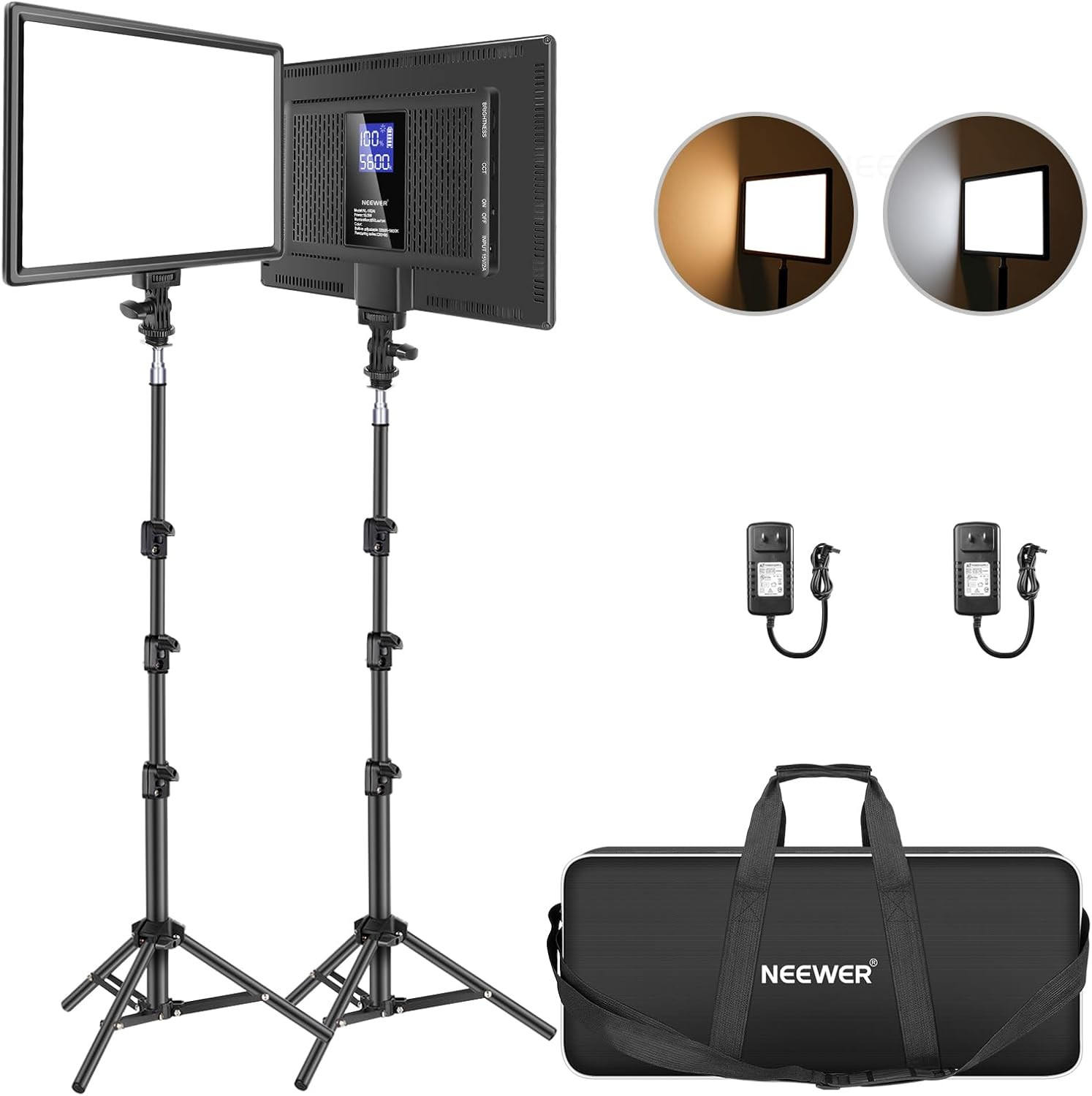 Neewer 13" Led Video Light Panel Lighting Kit, 2-Pack Dimmable Bi-Color Soft Lights with Light Stand, Built-in 8000mAh Battery, 3200K~5600K CRI 95+ 2400Lux for Game/Live Stream/YouTube/Photography | Amazon (US)