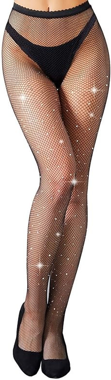 MengPa Women's Fishnets Sparkly Tights High Waist Rhinestone Stockings | Amazon (US)