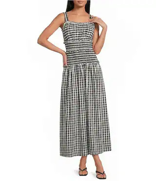 Skies Are Blue Gingham Print Square Neck Sleeveless Smocked Maxi Dress - L | Dillard's