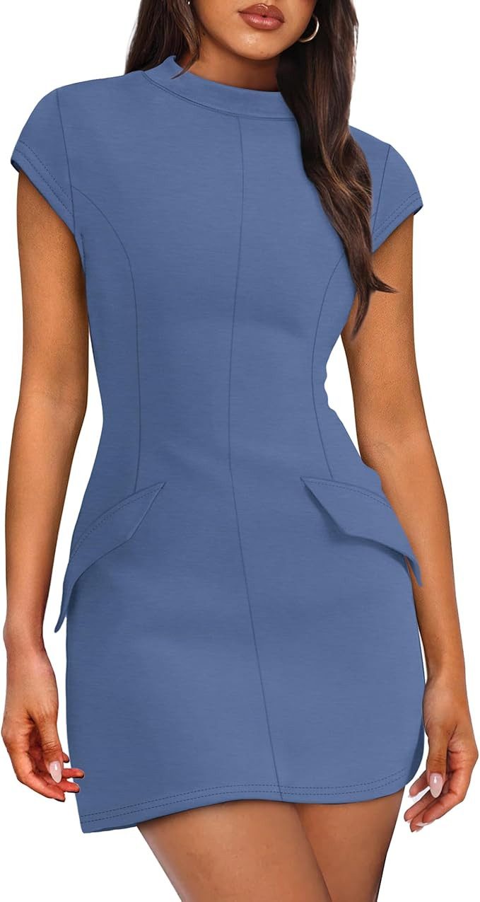 OFEEFAN Womens Summer Dress Mock Neck Short Sleeve Bodycon Party Club Mini Dresses | Amazon (US)