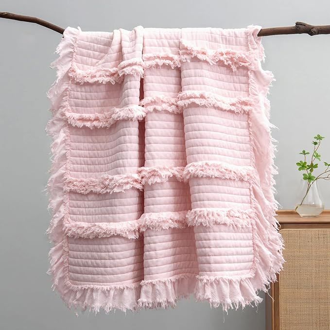 Ultra Soft Pre-Washed Quilted Throw Blanket, Ruffle Fringed Pink Boho Decorative Throw, Stone Was... | Amazon (US)