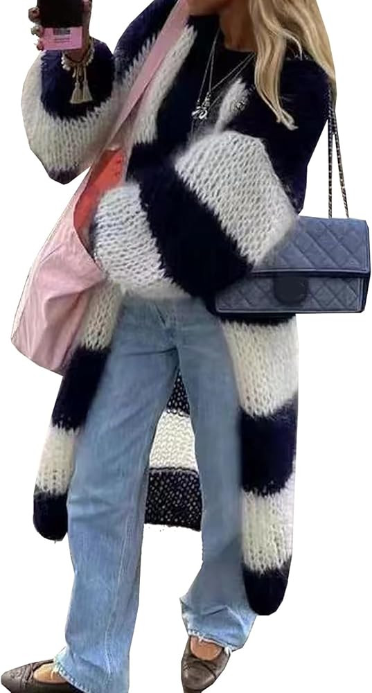 Womens Color Block Striped Cardigan Sweaters Loose Knitted Long Open Front Cardigans | Amazon (US)