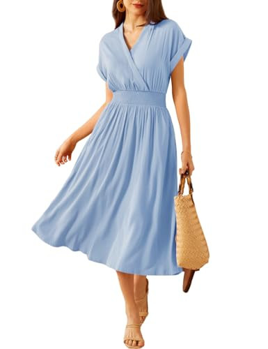Summer Dress for Women High Waist Smocked No See Through Swing Vacation Maxi Dress Light Blue M | Amazon (US)