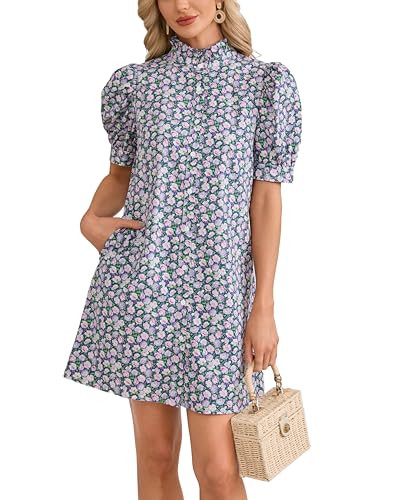 Women's Floral Shirt Mini Dress Short Puff Sleeve Button Down Ruffle Collar 2026 Summer Boho Beac... | Amazon (US)