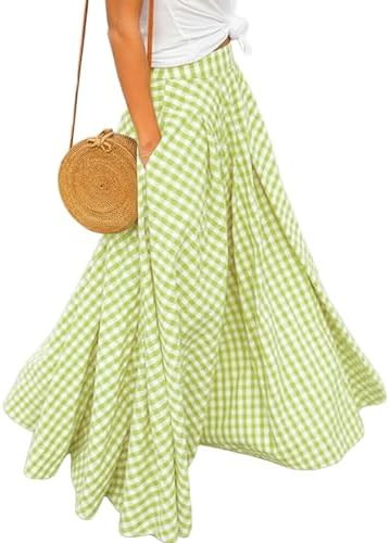 Women's Plaid Gingham Maxi Skirt High Waist A Line Pleated Flared Summer Casual Swing Long Skirt ... | Amazon (US)