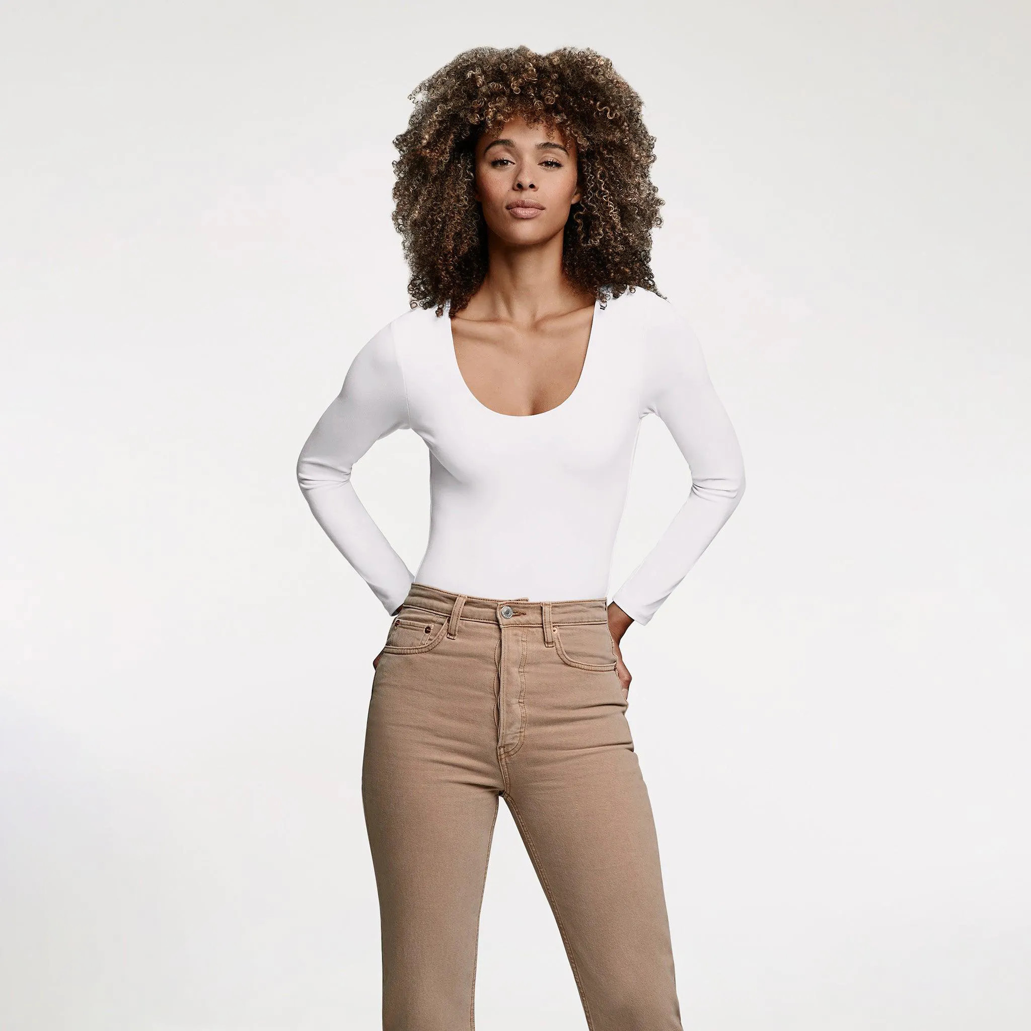 Women's Long Sleeve Scoop Neck Bodysuit - White - nuuds | nuuds