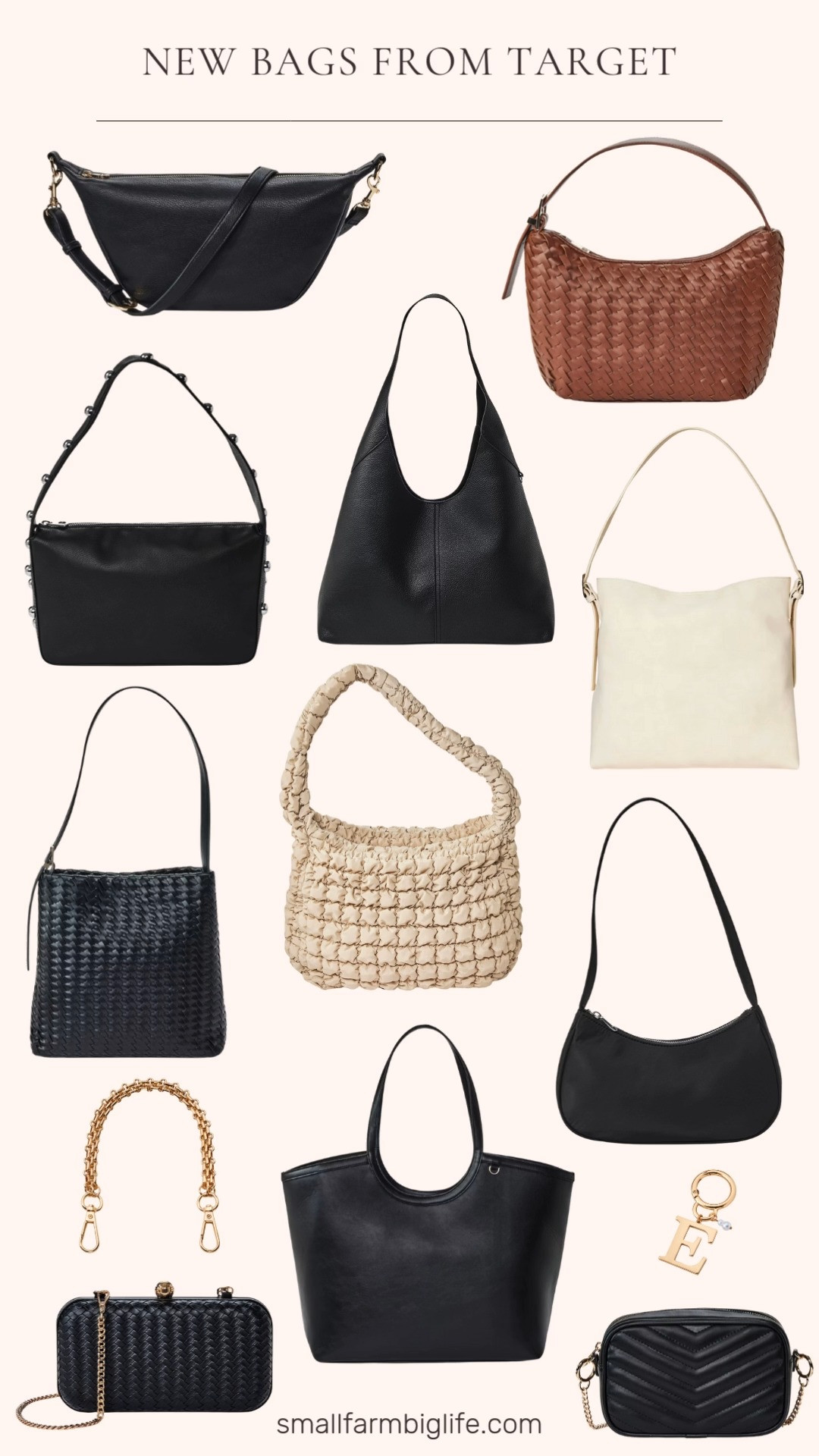 New Target bag drops I’m loving right now 🖤✨ From a cozy puffer hobo and oversized slouchy shoulder bag to chic woven styles, bucket bags, and sleek camera crossbody bags, these picks work for everyday and nights out. Add a gold initial pearl bag charm or a chain strap to instantly elevate your look. These are easy accessories, that give a major style upgrade. 

 #LTKOver40 #LTKFindsUnder50