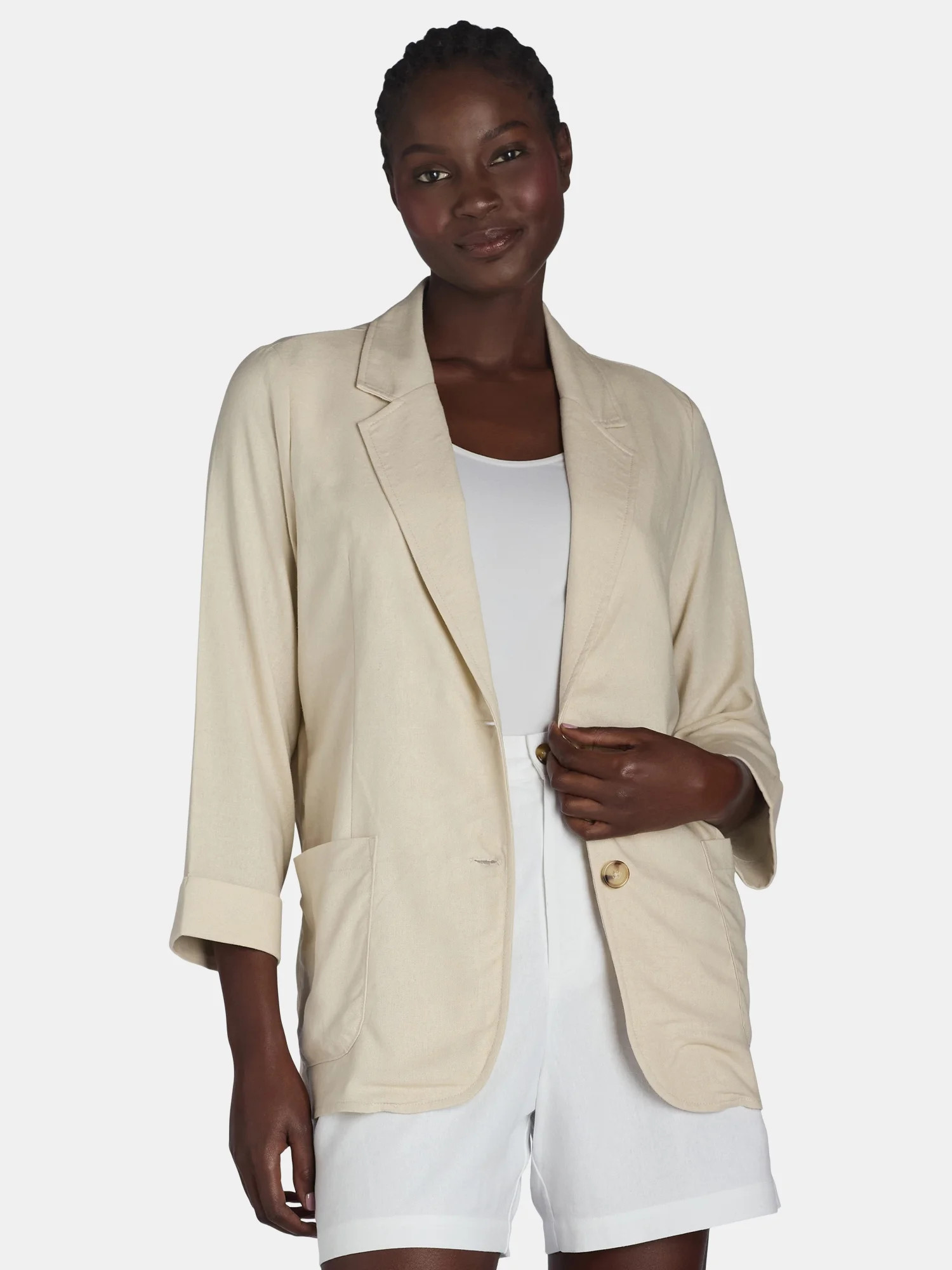 Time and Tru Women’s Linen Blend Blazer with Patch Pockets, Sizes XS-XXXL | Walmart (US)